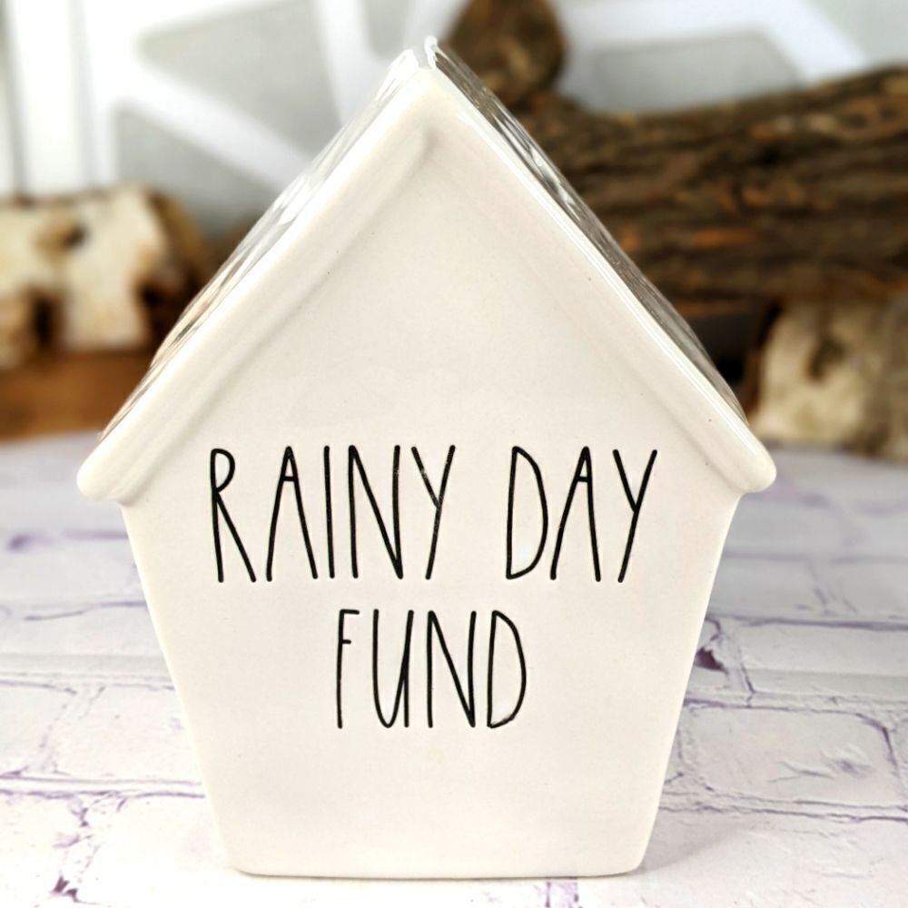Rae Dunn RAINY DAY FUND Money Piggy Bank in Birdhouse Style Design